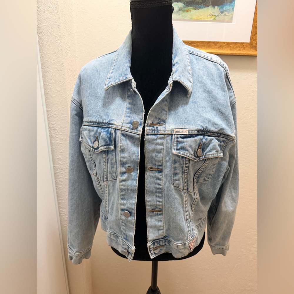 Vintage 90s Guess USA George Marciano Denim Trucker Jacket L light stone wash